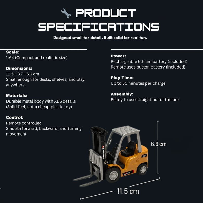 1:64 Mini RC Forklift Realistic Alloy